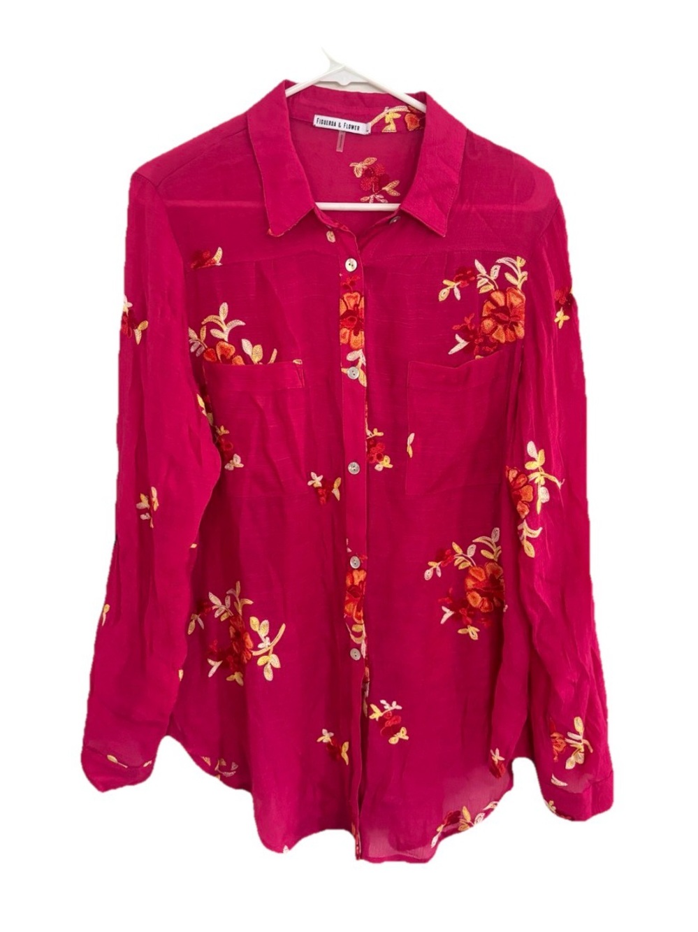 Figueroa And Flower Anthropologie Top Womens Large Pink Floral Embroidered Boho